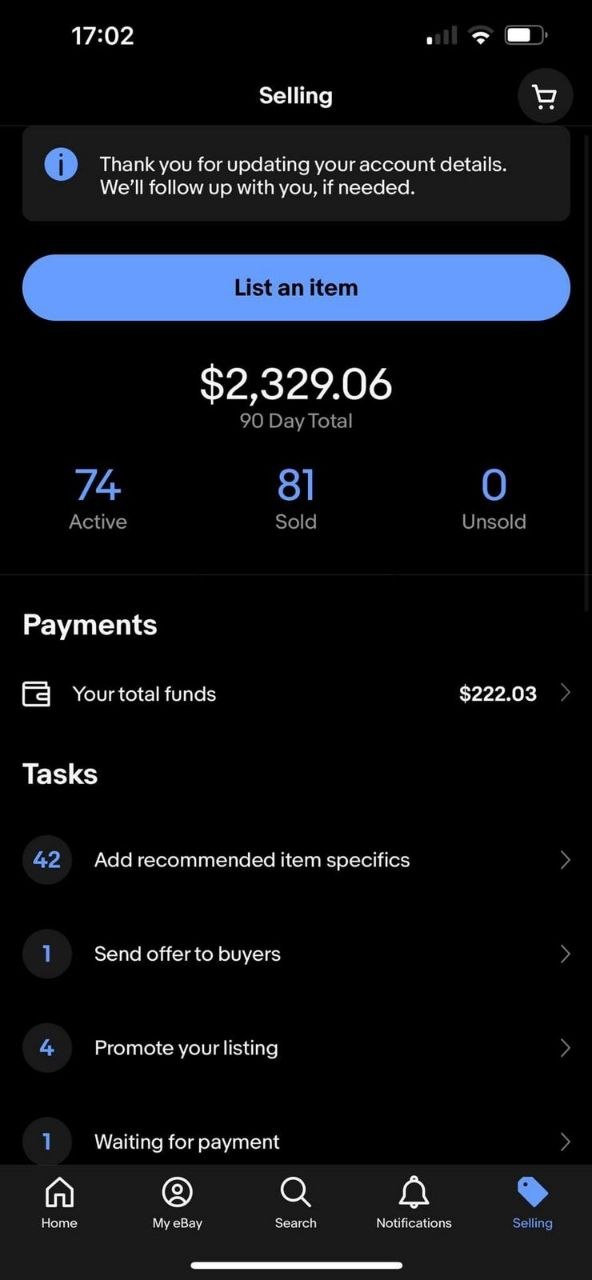 لقطة شاشة حقيقية من حساب eBay لأحد الطلاب